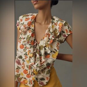 Maeve By Anthropologie Fruit Print Puff-Sleeved Ruffle Top